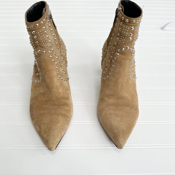 Saint Laurent Cat Ankle Bootie 50 Tan Suede Studded Heels Western Kitten - Picture 14 of 14